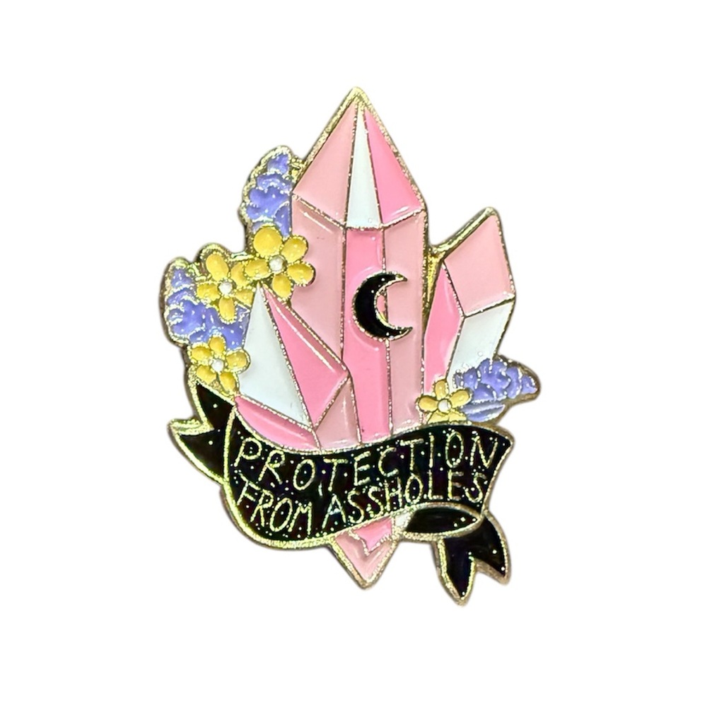 ☮️NEW “Protection From A**holes” Pink Crystal Enamel Pin Floral Whimsigoth